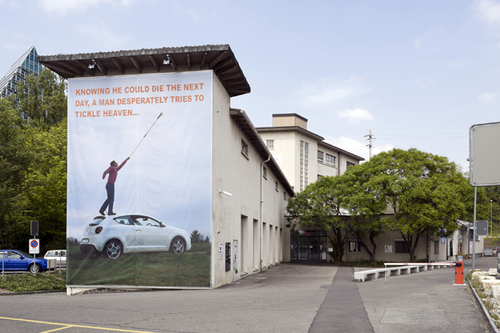 banner, 862x630cm (dimensions variable)<br />Installation view Kunsthaus Baselland, Basel / Muttenz, Switzerland. (photo: Viktor Kolibal)